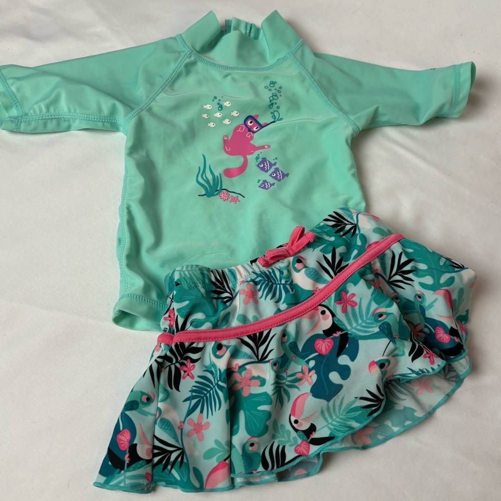 UVSkins Toddler Baby 2Pc Swim Suit 12-18 Mos Green Parrot Kitty Print Full Cover